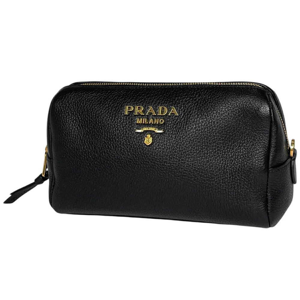 Prada Cosmetic Pouch Clutch Leather Nero Black